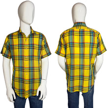 Load image into Gallery viewer, Yellow plaid shirt on a mannequin with front and back views against a neutral background
