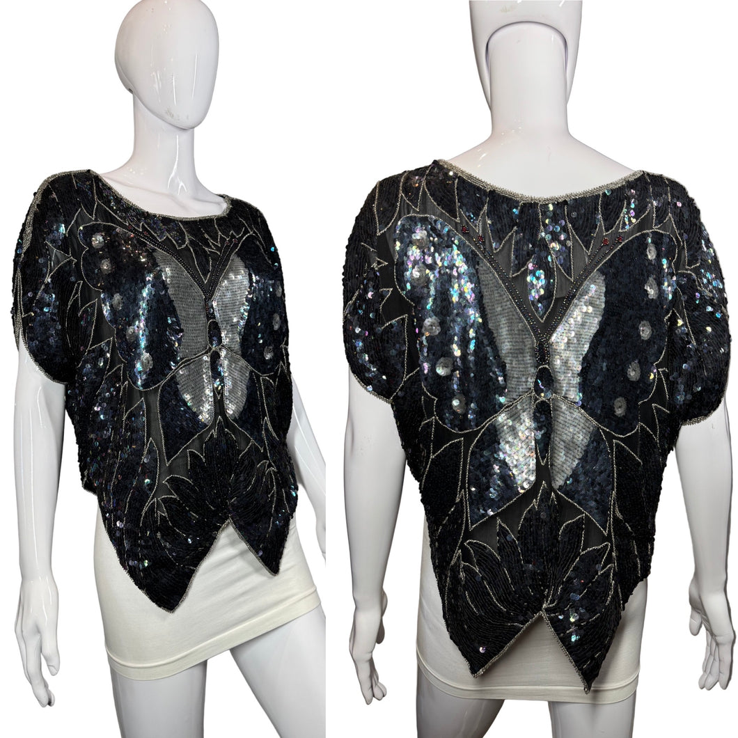1970's Sequin Butterfly Disco Blouse - Size S/M