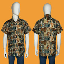 Load image into Gallery viewer, A short-sleeve button-up shirt displayed on a white mannequin from both front and back views. The shirt features a dense collage print of magazine cover illustrations in a multicolor palette of blue, red, beige, and brown.
