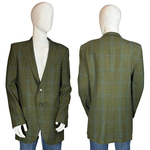 Green plaid blazer on a mannequin with front and back views against a plain background
