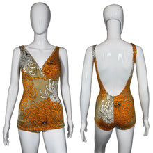 Load image into Gallery viewer, Orange and beige floral-patterned bathing suit on a mannequin 
