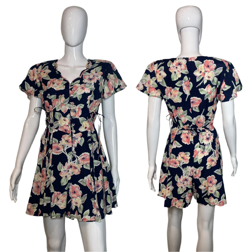 1990's Navy and Pink Floral Romper size M