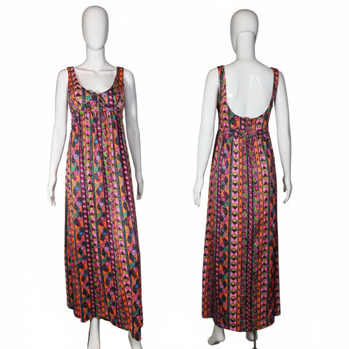 Colorful patterned dress on a mannequin against a plain background