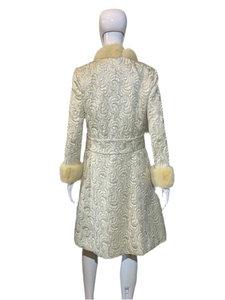 1960's Silver and White Mink Trimmed Brocade Dress/Coat Combo - Size L