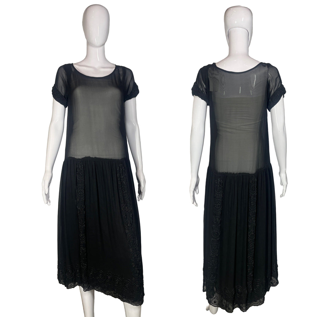 1920's Black Beaded Chiffon Evening Dress Size M/L