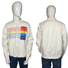 Load image into Gallery viewer, White jacket with colorful stripe design on a mannequin with front and back view
