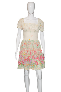 1960's Floral Rayon Jersey Garden Party Dress Size S