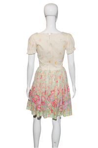1960's Floral Rayon Jersey Garden Party Dress Size S