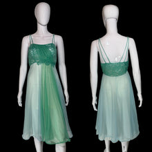 Load image into Gallery viewer, A two-tone green lingerie dress displayed on a white mannequin, showing both front and back views.
