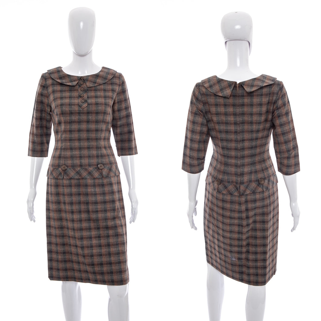 1950's Carl Nattal Brown Plaid Wool Dress Size S/M