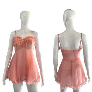 1960's Pink Chiffon and Lace Babydoll Nightie Size M/L