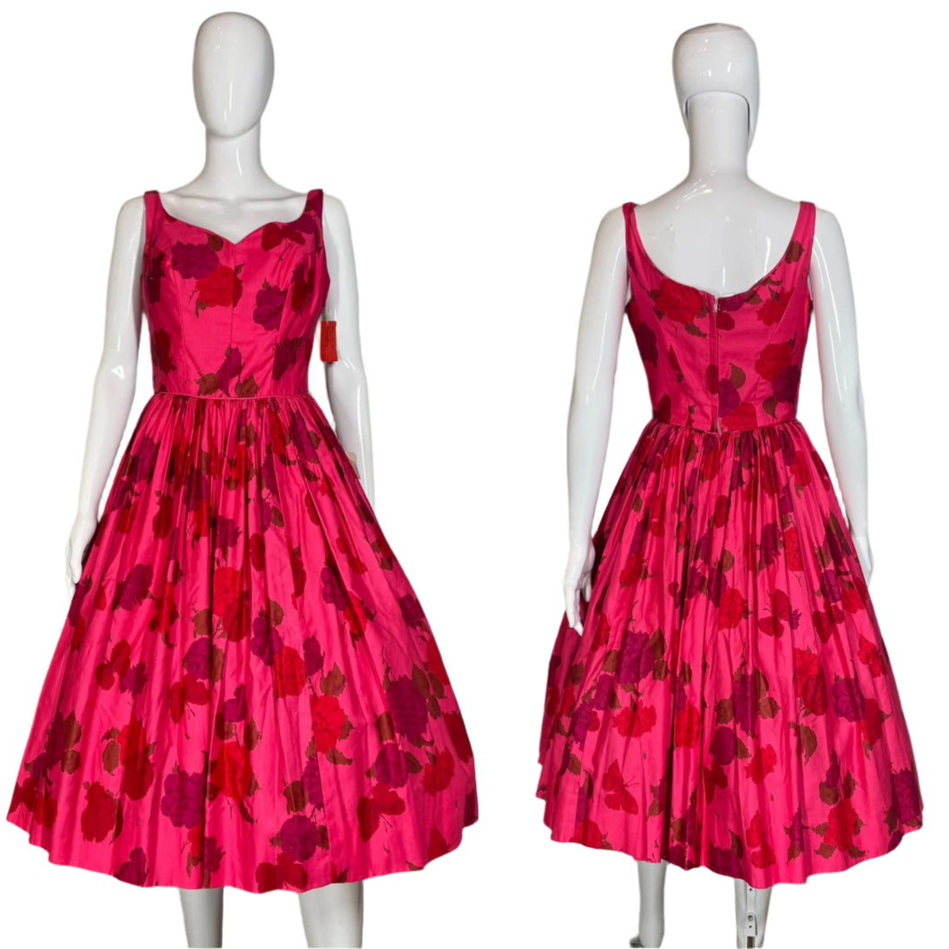1950's NWT Deadstock Rose Print Fit and Flare Party Dress Size S