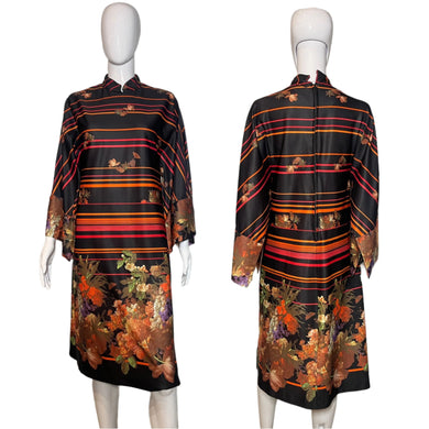 Floral and striped dress on a mannequin with a white background