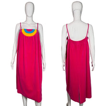 Load image into Gallery viewer, Pink velour dress with colorful semi-circular design on a mannequin against a plain background
