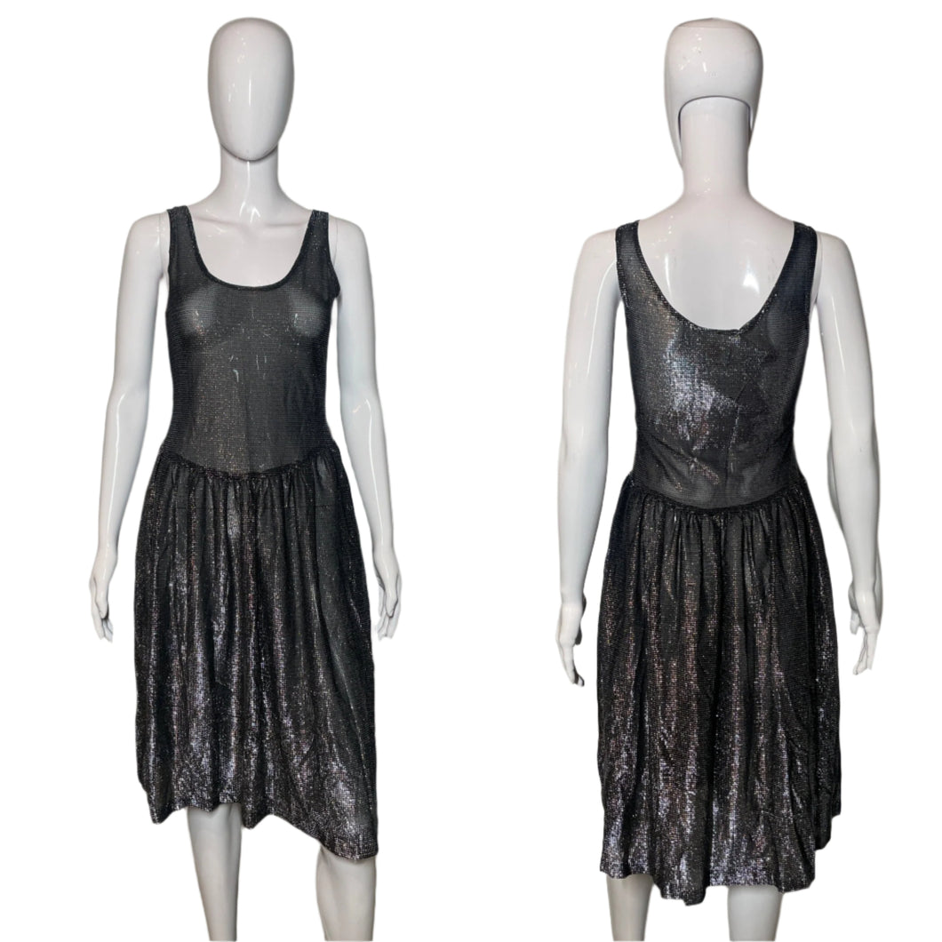 1980's Black and Silver Lamè Glitter Dress Size S