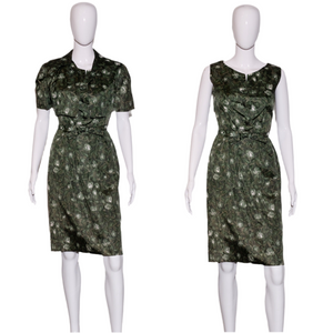 1960's Green Floral Two Piece Dress and Bolero Set Size S