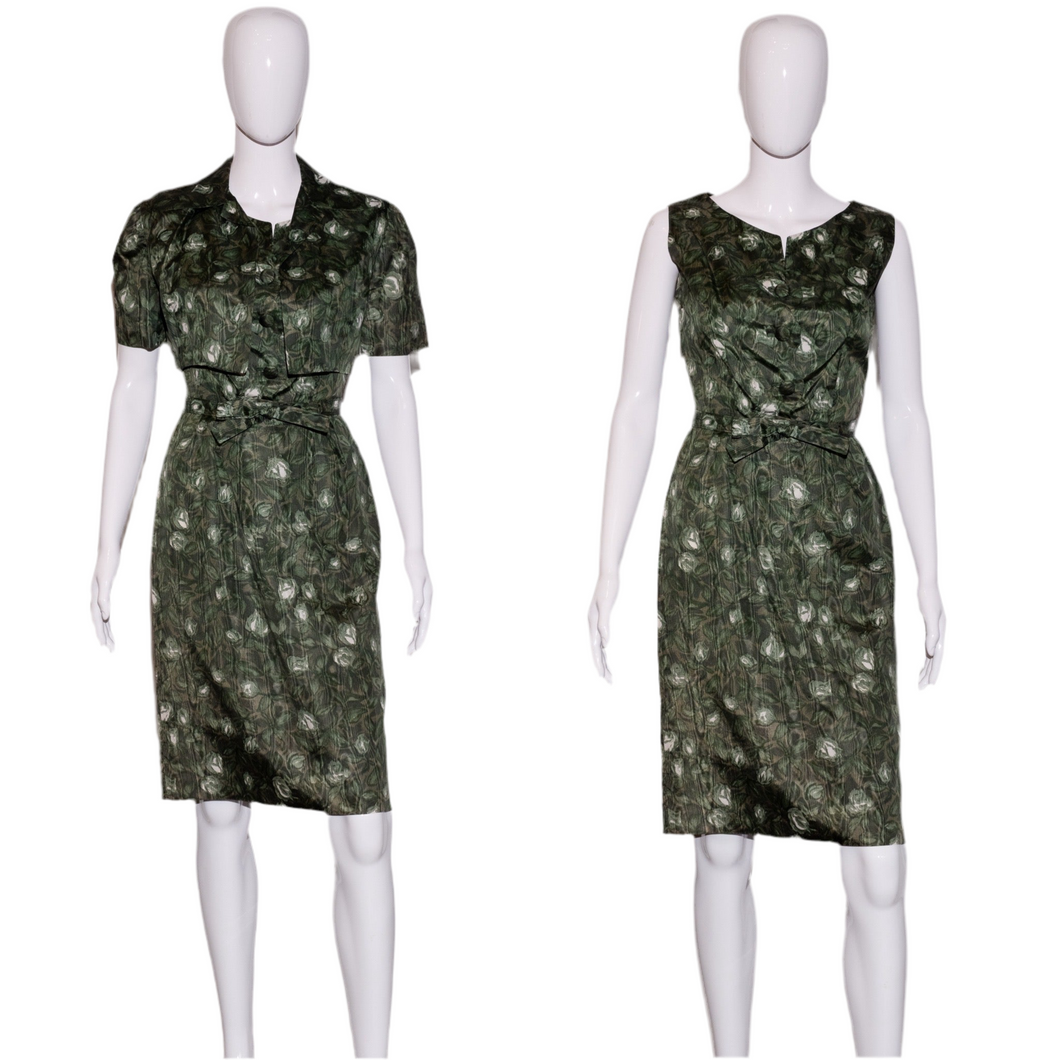 1960's Green Floral Two Piece Dress and Bolero Set Size S
