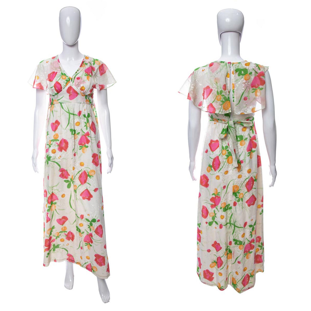 1970's Ko-Mai by Dael's White and Multicolor Floral Print Maxi Dress Size S