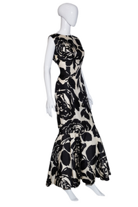 1960's Black and White Rose Print Mermaid Gown Size M