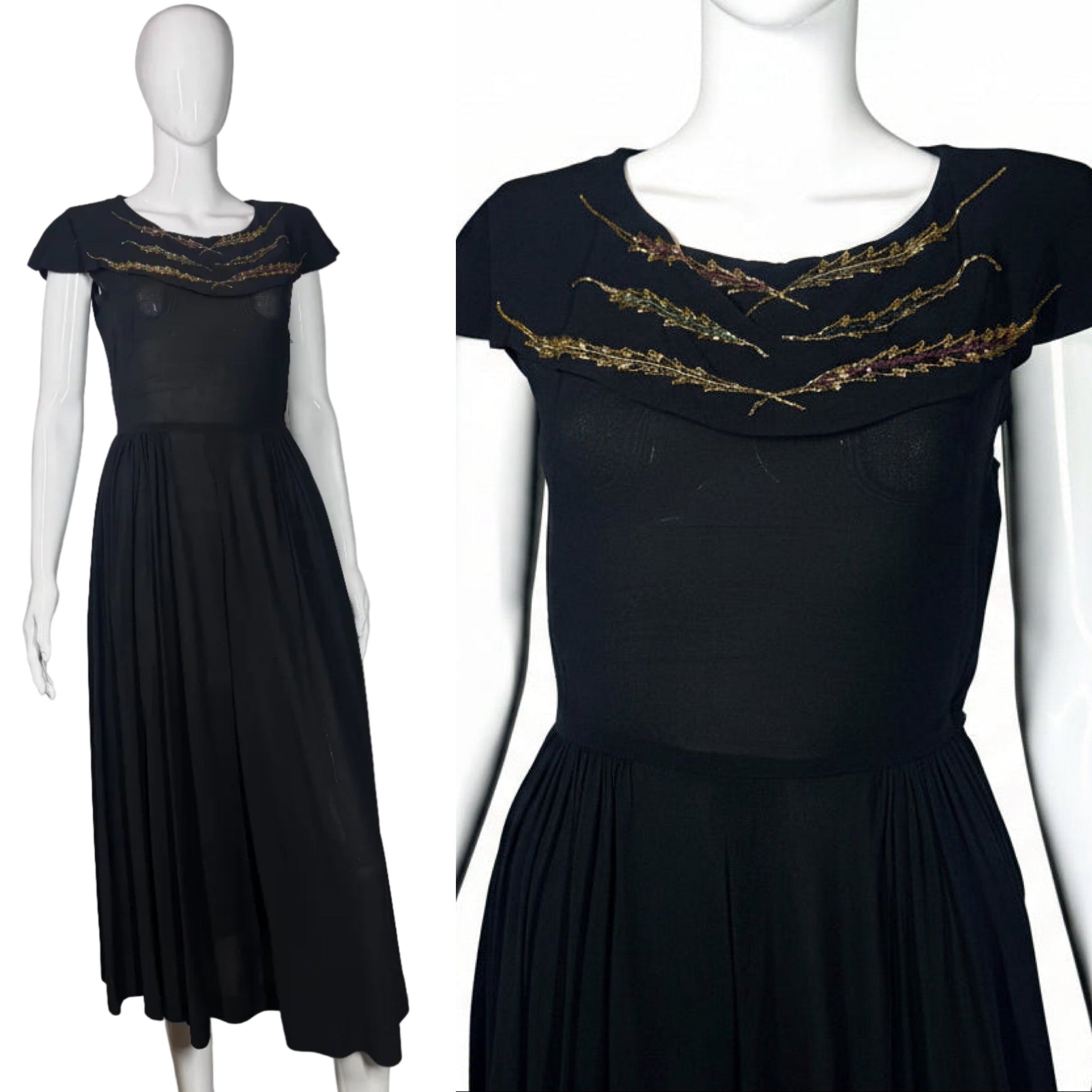 1940's Black Rayon Evening Dress with Sequined Collar Size S
