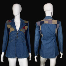 Load image into Gallery viewer, Blue denim jacket with patchwork shoulders on a mannequin with front and back view 
