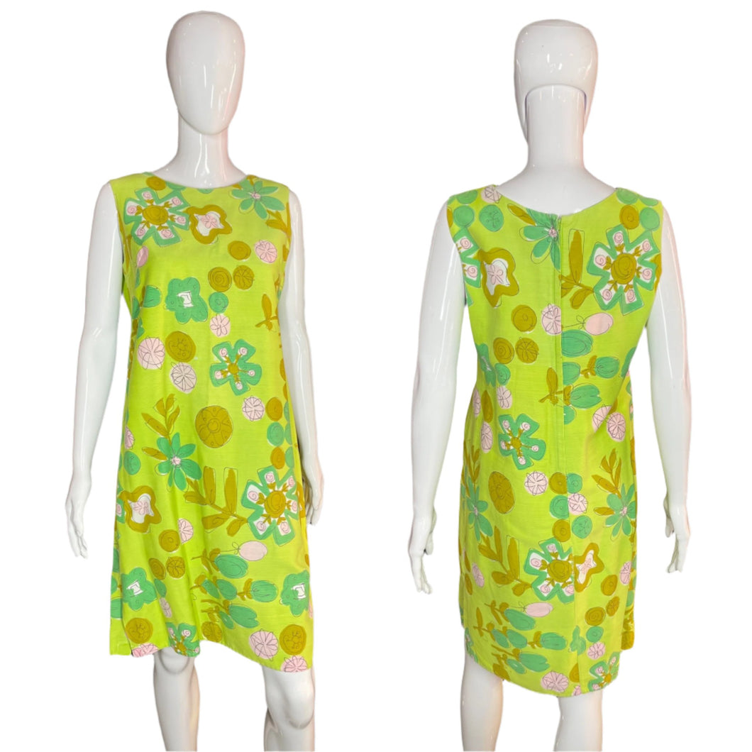 1960’s Green Floral Line Drawing Shift Dress Size M/L