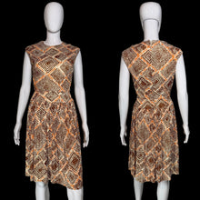 Load image into Gallery viewer, A sleeveless fit-and-flare dress with a geometric diamond pattern in orange, brown, and beige, displayed on a white mannequin from both front and back views.
