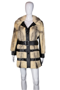 1970's Black and Cream Fur and Leather Trench Coat Size M