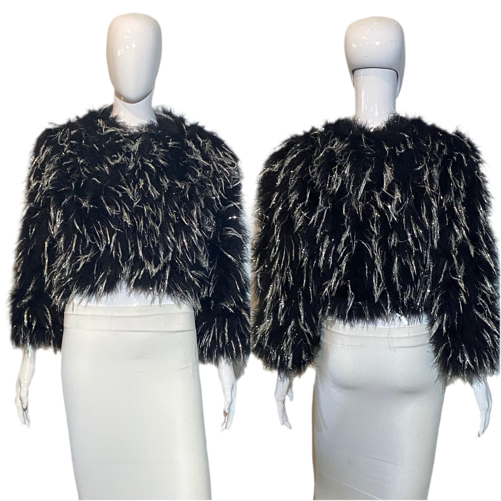 1970's Black Marabou Feather and Silver Tinsel Cropped Disco