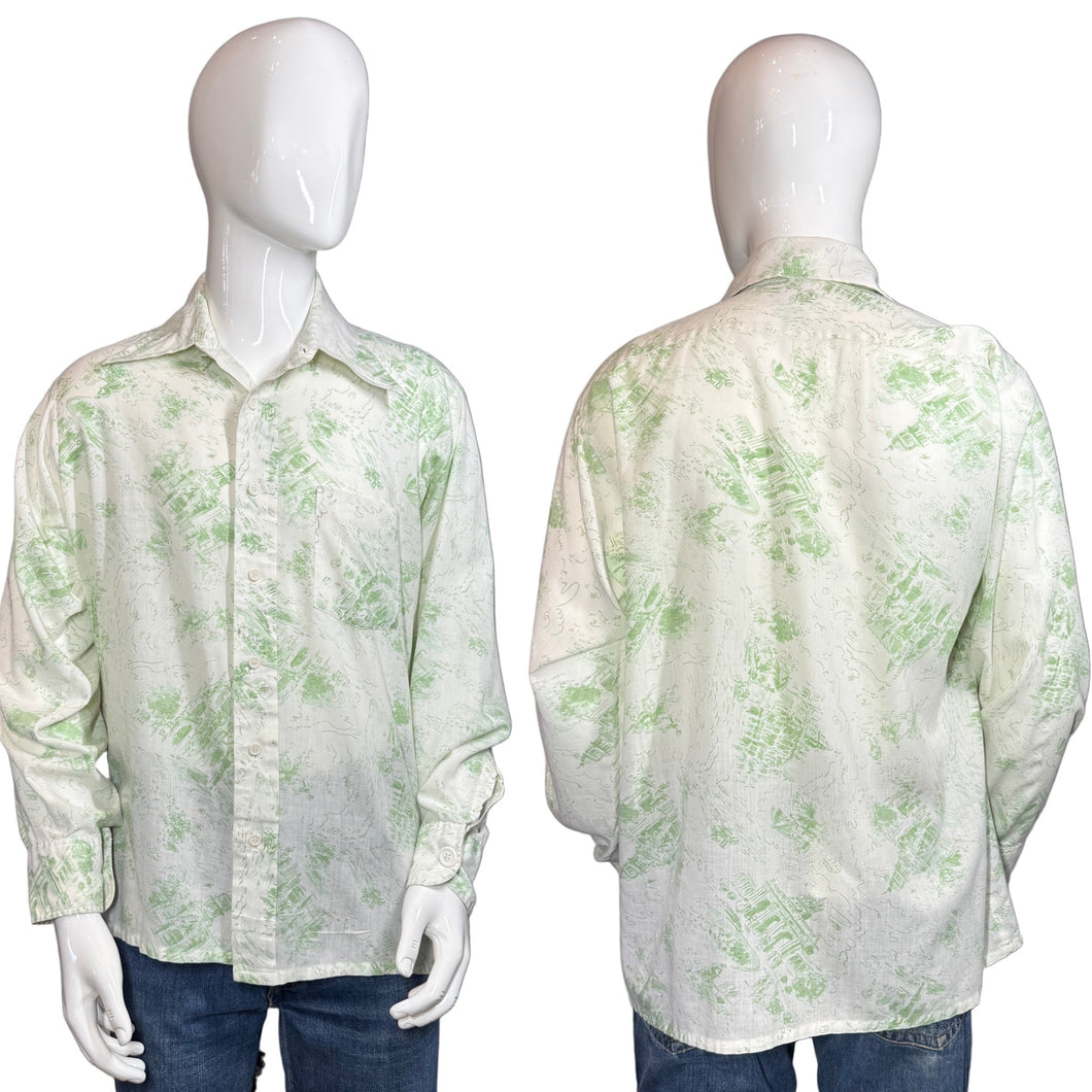 1970's White and Green Cotton Novelty Vacation Print Shirt - Size L