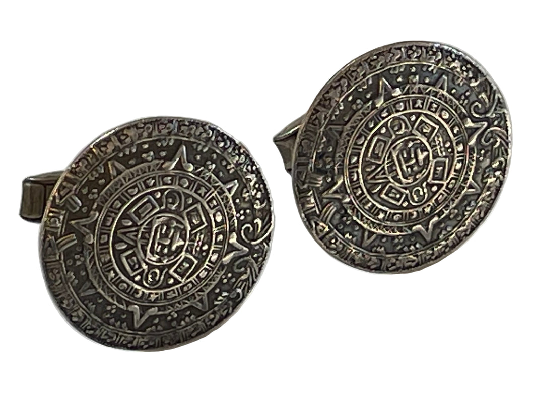 1950's Sterling Silver Mayan Calendar Lopez Taxco Cufflinks