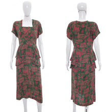 Load image into Gallery viewer, 1940&#39;s Cold Rayon Green and Pink Novelty Print Dress Size L
