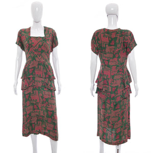 1940's Cold Rayon Green and Pink Novelty Print Dress Size L