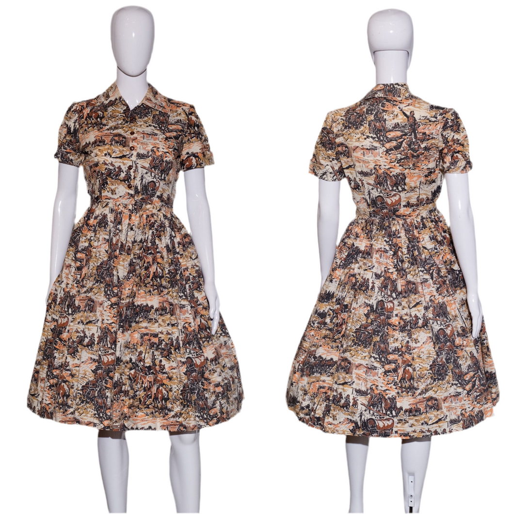 1950's Novelty Old West Print Fit and Flare Day Dress Size S