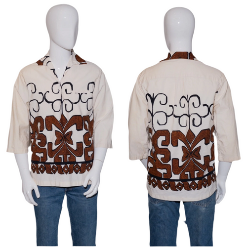 Off white shirt with brown geometric pattern on mannequin, front and back views.