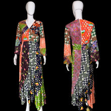 Load image into Gallery viewer, A long-sleeved patchwork maxi dress displayed on a mannequin from both front and back views. The dress features a vibrant multicolor patchwork design with various patterns including houndstooth, polka dots, florals, and plaid in orange, green, pink, black, white, and purple.
