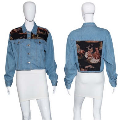 Blue denim jacket with embroidered back on mannequins against a white background