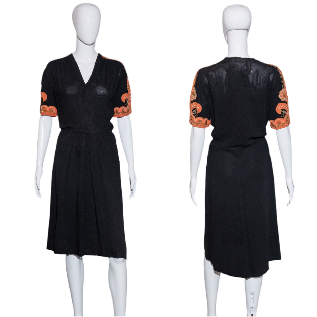 1940's Crepe Bedazzled Dress - Size M
