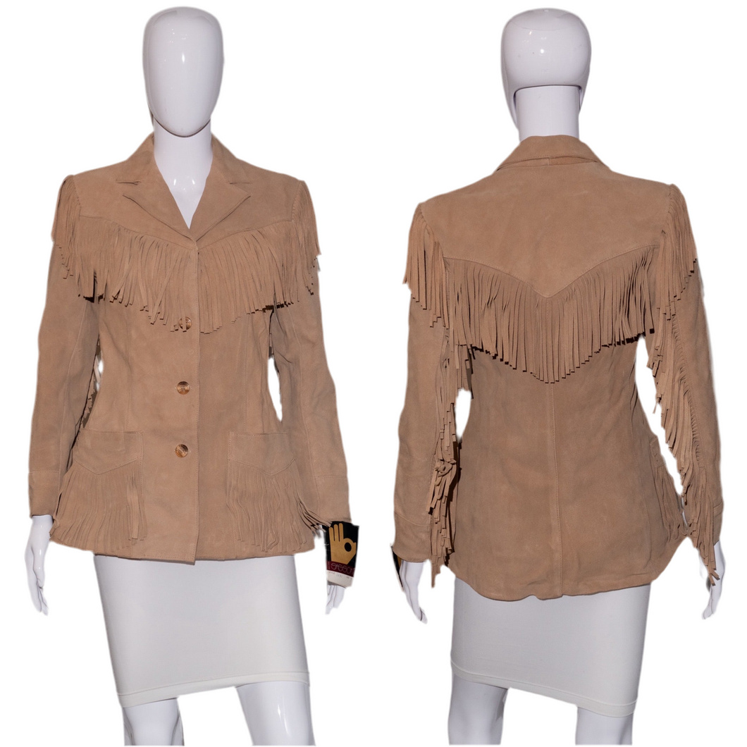 1980's Deadstock Sasson Tan Suede Fringe Jacket Size S