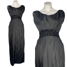Load image into Gallery viewer, 1950&#39;s Black Taffeta Beaded Emma Domb Gown Size S/M
