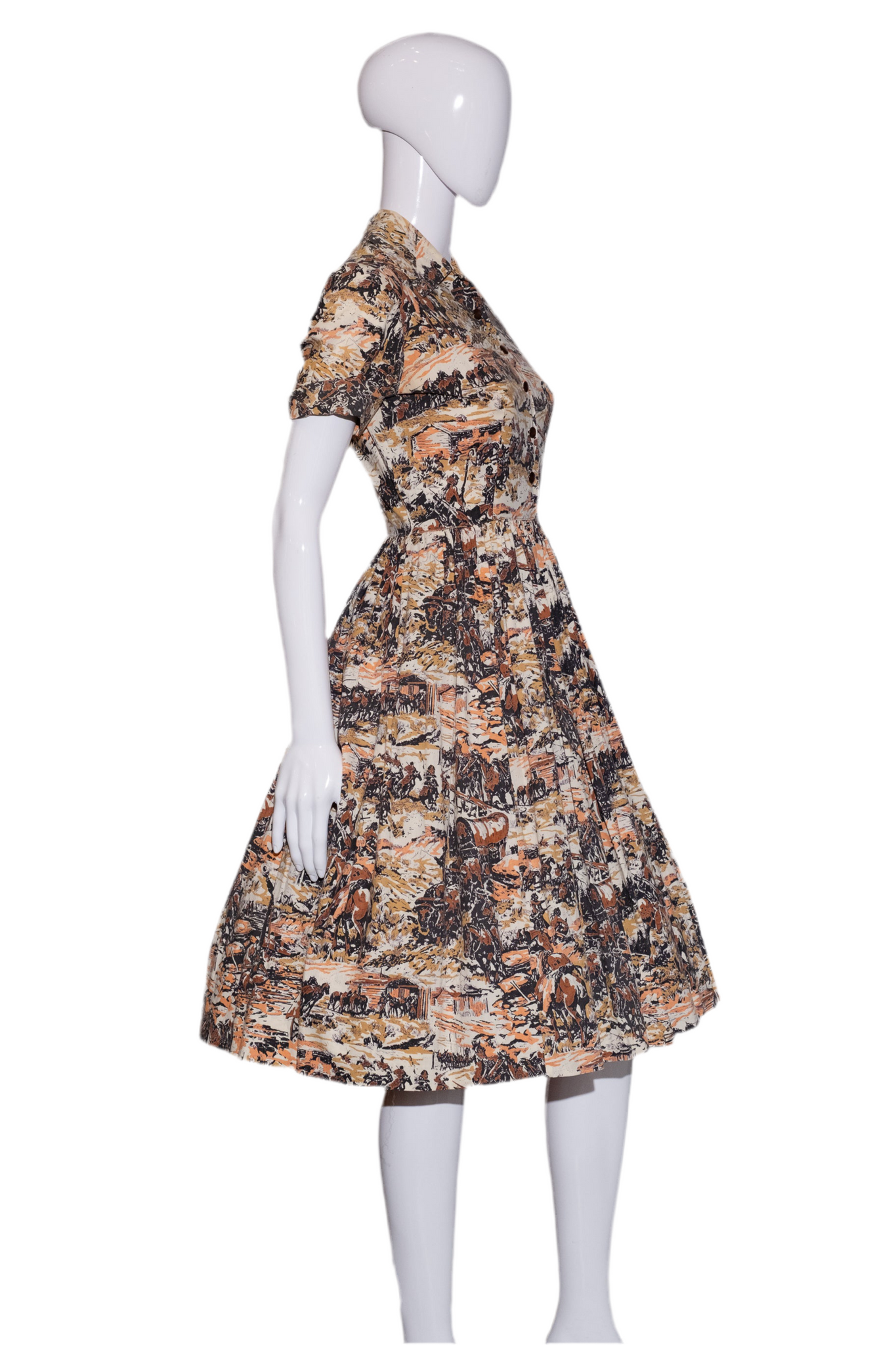 1950's Novelty Old West Print Fit and Flare Day Dress Size S Antique Sugar 1950's Novelty Old West Print Fit and Flare Day Dress Size S Antique Sugar