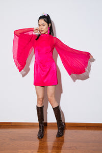 1960's Claralura Pink Chiffon Angel Sleeves Mini Dress Size S