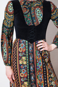 1970's Gay Gibson Black Paisley Printed Hippie Dress Size