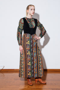 1970's Gay Gibson Black Paisley Printed Hippie Dress Size