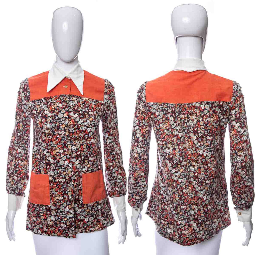 1970's Black and Orange Long Sleeve Floral Print Tunic Size S