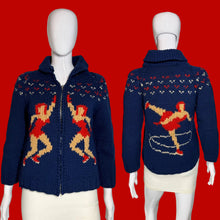 Load image into Gallery viewer, A navy blue knit zip-up sweater with red and beige gymnasts, shown from both front and back on a white mannequin.
