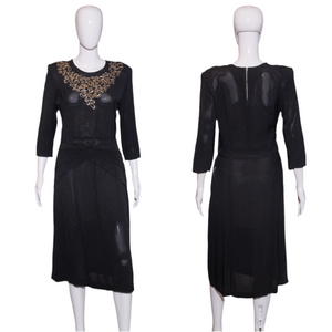 1940's Black Rayon Sequined Evening Dress Size M