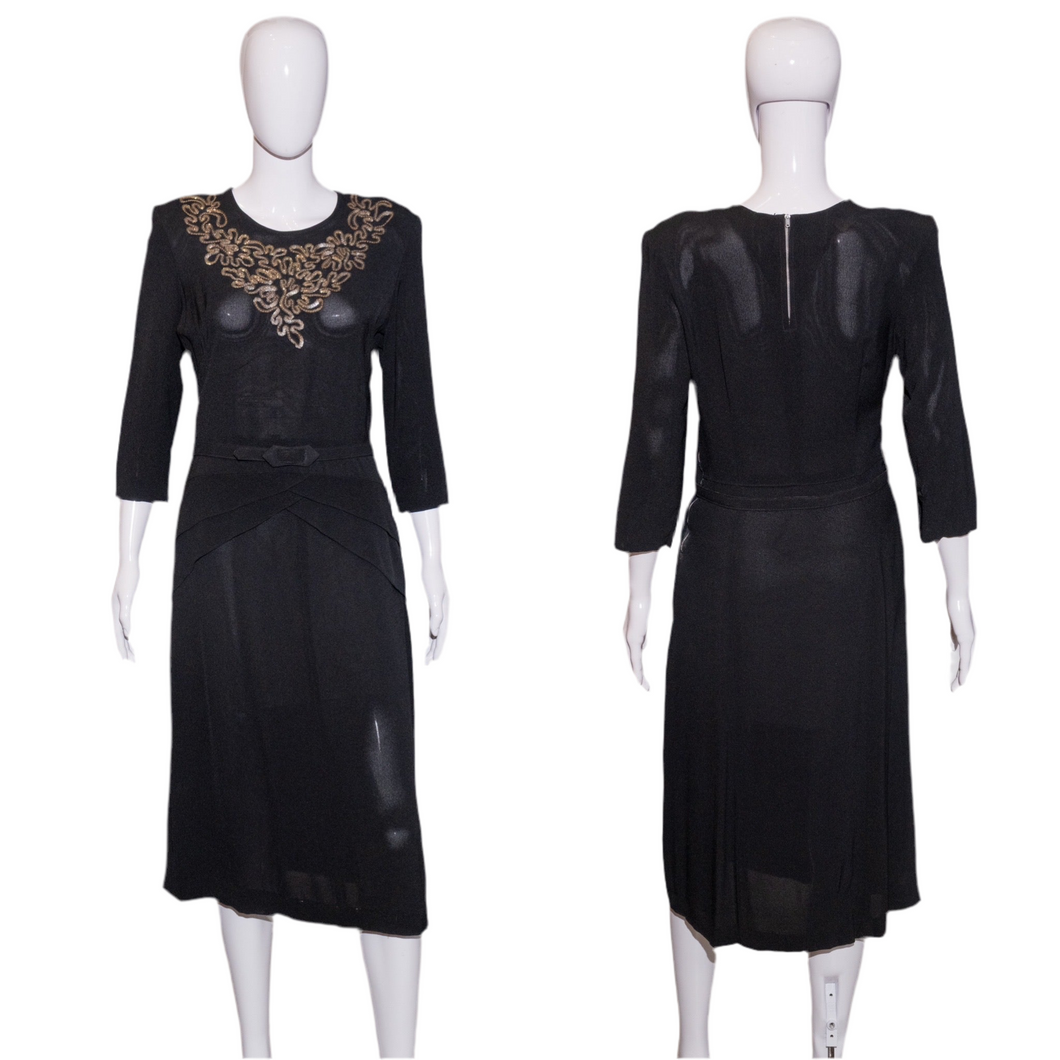 1940's Black Rayon Sequined Evening Dress Size M