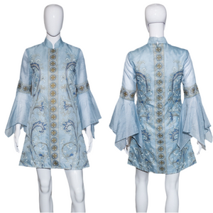 1960's Blue Painted Alfred Shaheen Bell Sleeve Dress - Size S