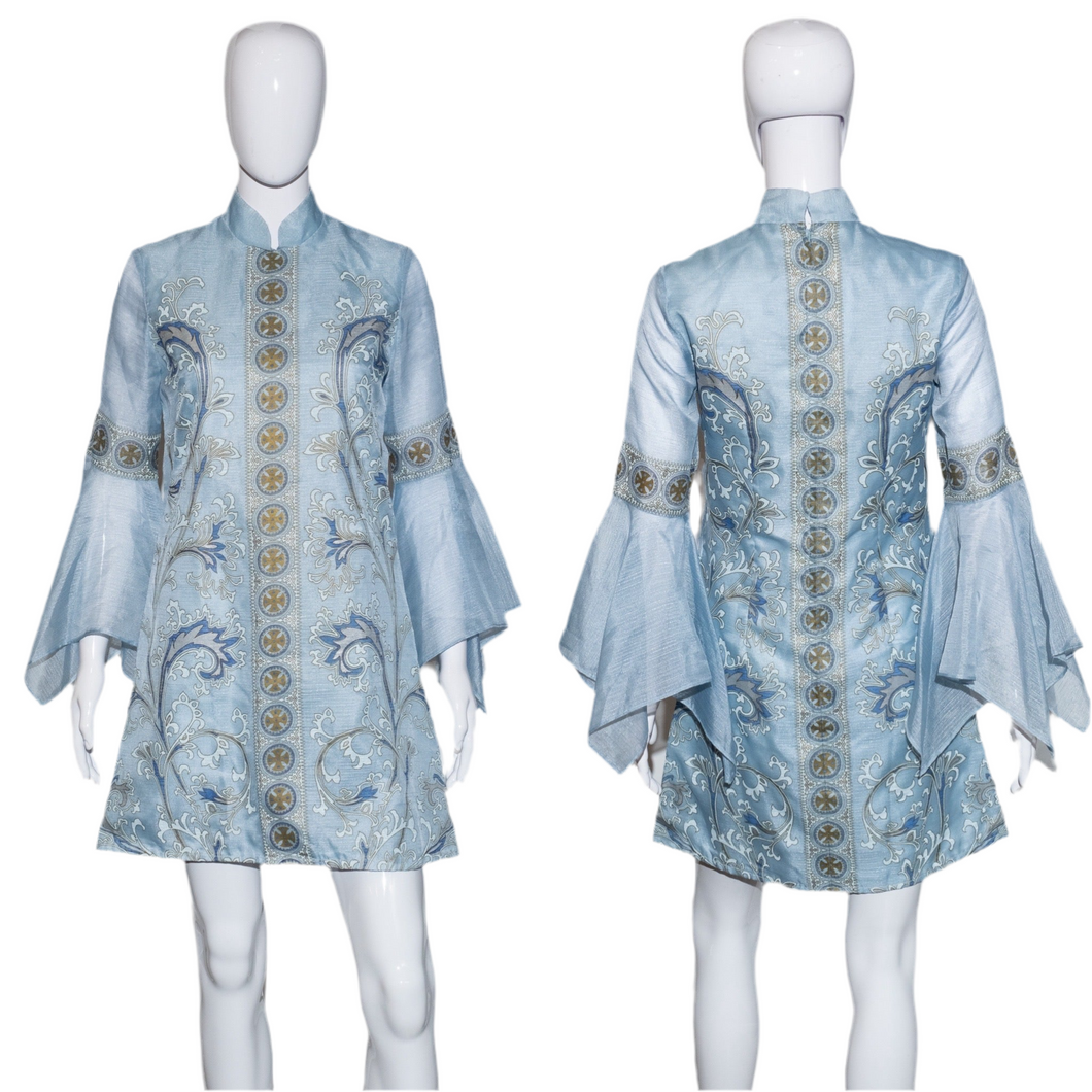 1960's Blue Painted Alfred Shaheen Bell Sleeve Dress - Size S